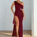 Slim-fit Long Dress With Spaghetti Straps One-shoulder Design Ruching And A Slit Featuring An A-line Skirt