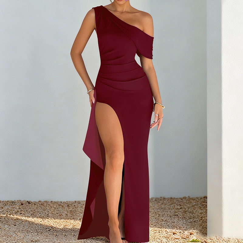 Slim-fit Long Dress With Spaghetti Straps One-shoulder Design Ruching And A Slit Featuring An A-line Skirt